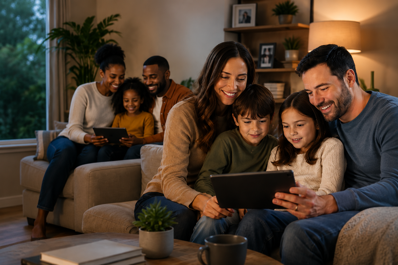 Família usando tecnologia em casa com segurança e conectividade